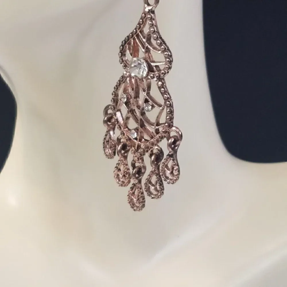 Filigree Earrings Teardrop Rhinestones In Gilded Brass Fashion Pierced